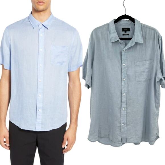 VINCE Short Sleeve Slim Fit Linen Sport Shirt In Feather Blue Size XL - Picture 1 of 11